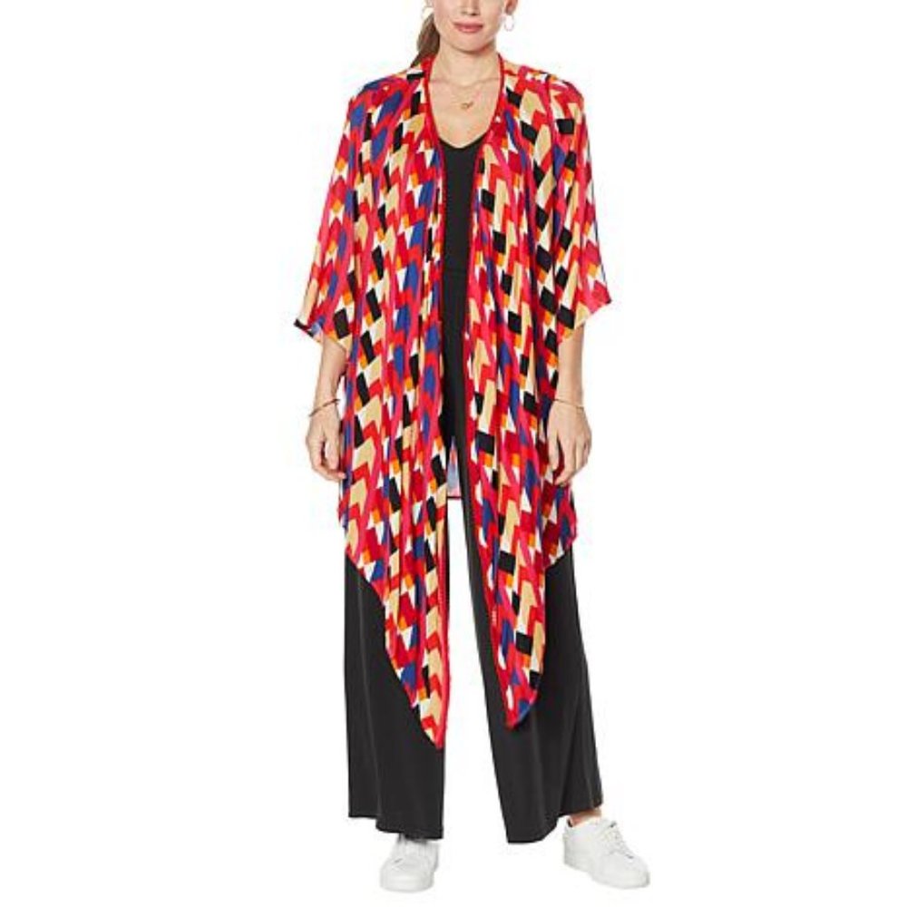 NEW! Lightweight Curations Sharkbite Hem Printed Topper / Cardigan, Pink Geo